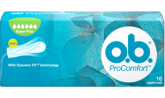 Slika pakiranja o.b.® ProComfort™ Super Plus. Proizvod ima šest kapljica što znači da se preporučuje za dane s jakim do vrlo jakim krvarenjem.