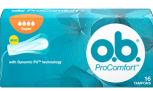 Slika pakiranja o.b.® ProComfort™ Super. Proizvod ima četri kapljice što znači da se preporučuje za dane sa srednjim do jakim krvarenjem.